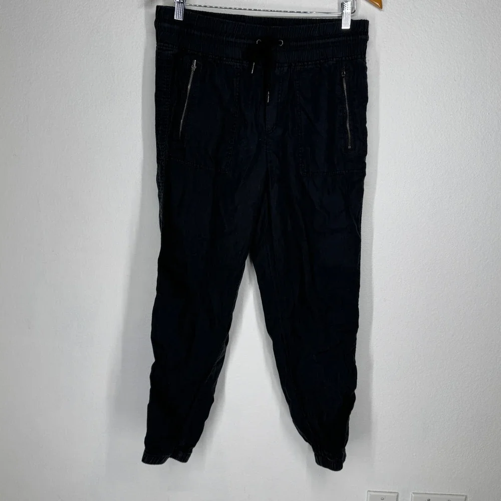 Athleta Cabo Linen Jogger Black Pants Size 10 Athleisure Coastal Travel Beach
